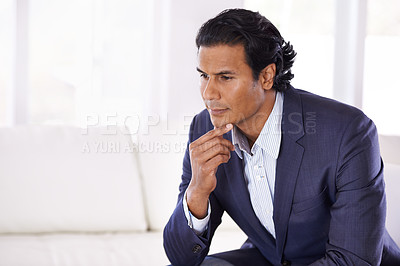 Buy stock photo Thinking, brainstorming and business man on a sofa with remote work, ideas or freelance startup inspiration at home. Worker, problem solving or male entrepreneur in a living room planning career goal