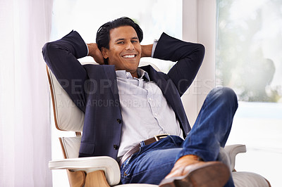 Buy stock photo Relax, stretching and businessman portrait on chair smile, relieved or work success satisfaction at home. Happy, face and male entrepreneur in a living room relax, chilling or moment of stress relief