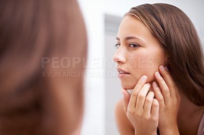 Buy stock photo Face, beauty and inspection with woman in bathroom of home for skincare, cosmetics or hygiene. Aesthetic, wellness and skin pimple with confident young person in apartment closeup for dermatology
