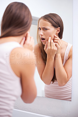 Buy stock photo Shock, mirror and woman pop pimples in bathroom for skincare, health or wellness face routine. Upset, beauty and female person pressing zit or acne for facial dermatology treatment at apartment.