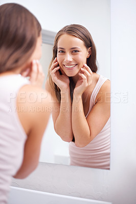 Buy stock photo Portrait, beauty and wellness with woman in bathroom of home for skincare, cosmetics or hygiene. Face, aesthetic and morning with mirror reflection of young person in apartment for dermatology