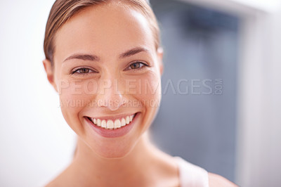 Buy stock photo Skincare, happy and portrait of woman in bathroom with cosmetic, health and wellness treatment. Beauty, confident and young female person with natural facial dermatology routine for glow at apartment