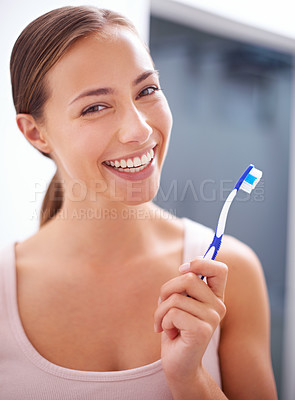 Buy stock photo Portrait, smile and toothbrush for dental care with woman in bathroom of home for teeth whitening. Face, oral hygiene and happy young person in apartment to prevent tooth decay or gum disease