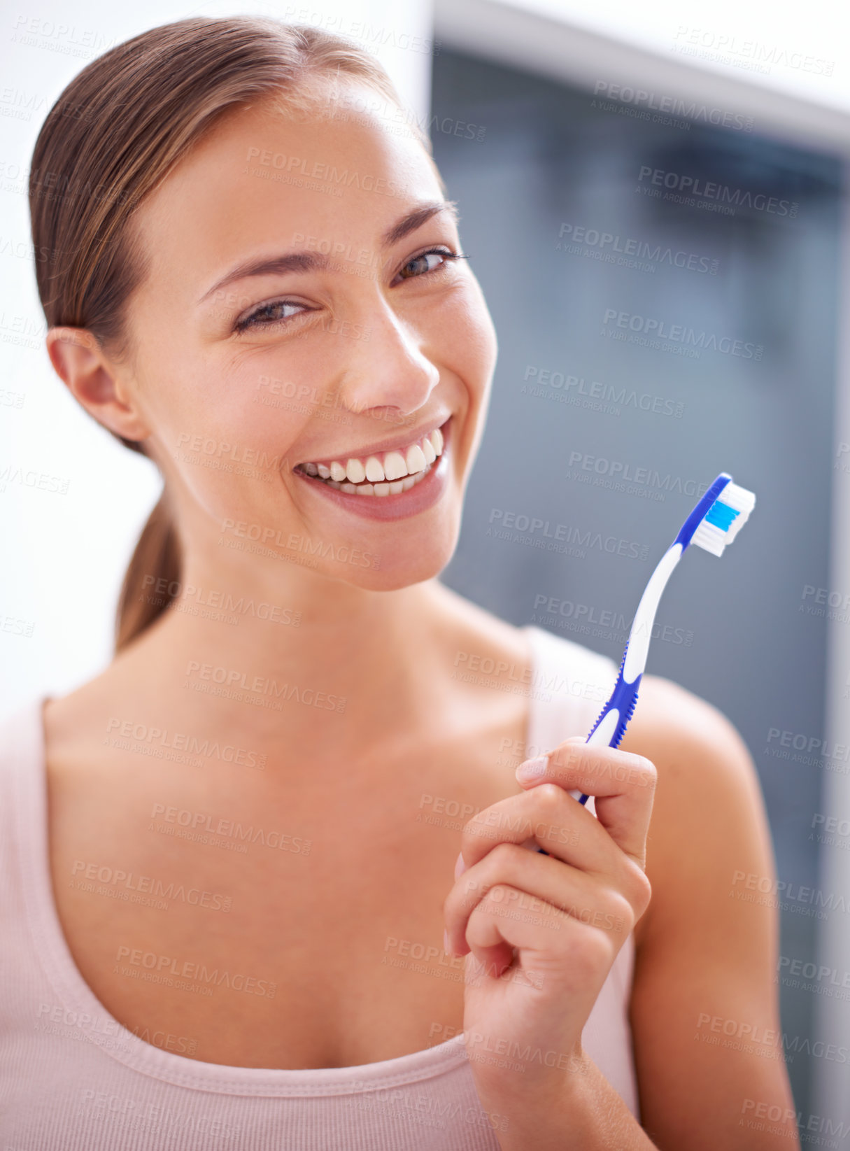 Buy stock photo Portrait, smile and toothbrush for dental care with woman in bathroom of home for teeth whitening. Face, oral hygiene and happy young person in apartment to prevent tooth decay or gum disease