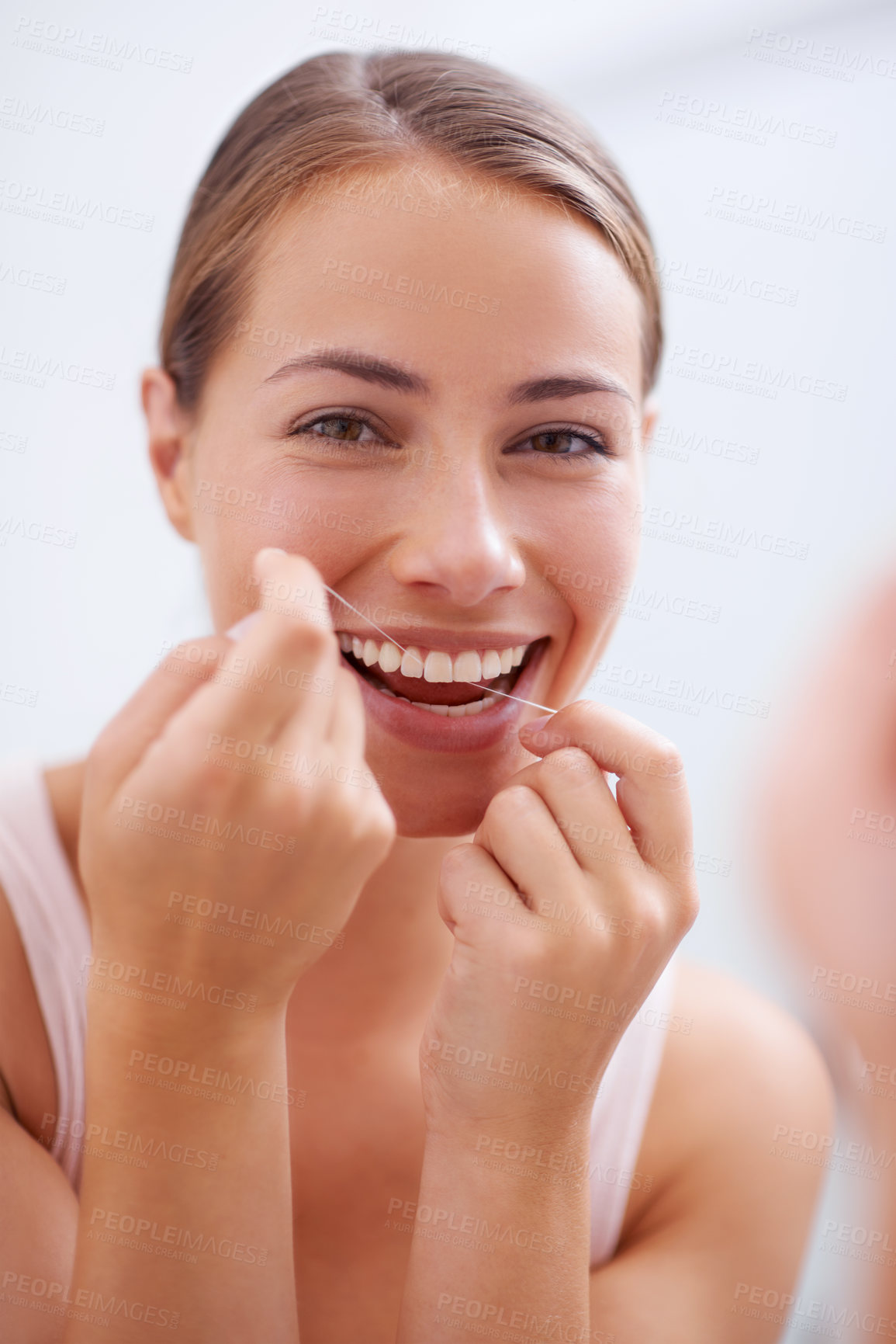 Buy stock photo Portrait, mouth and dental floss for oral hygiene care with woman in bathroom of home for teeth whitening. Face, product and face of young person in apartment to prevent tooth decay or gum disease
