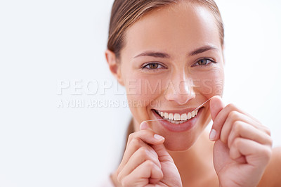 Buy stock photo Woman, teeth and floss in portrait for dental hygiene with closeup, morning and cleaning mouth for dentistry. Female person, tooth care and routine for healthy, face and fresh smile for beauty