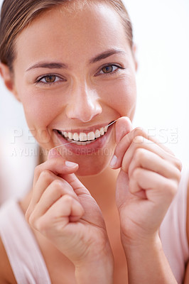 Buy stock photo Woman, teeth and floss in portrait for dentistry with closeup, morning and cleaning mouth for dental hygiene. Female person, tooth care and daily routine for healthy, white and fresh smile for beauty