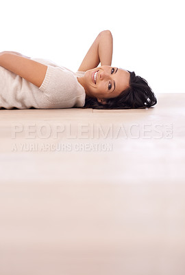 Buy stock photo Woman, portrait and happiness on floor for relax with mock up space, weekend break and confidence in apartment. Person, lying down and face with smile in home on wooden flooring for fun and wellness