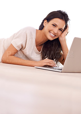 Buy stock photo Portrait, relax and laptop with woman on floor of living room in home for email, internet or research. Computer, smile and social media with happy young person in apartment for website browsing