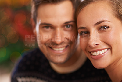 Buy stock photo Portrait, Christmas and couple with love, festive season and party with romance and home with Xmas. Face, apartment and man with woman or celebration with holiday and smile with marriage and cheerful