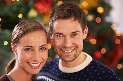 Buy stock photo Portrait, Christmas and couple with love, smile and party with romance and home with lights. Face, apartment and man with woman and celebration with holiday and festive season with marriage and Xmas