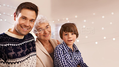 Buy stock photo Christmas, father or portrait of happy child with grandmother on bokeh, bonding or family having fun together at festive celebration in home. Xmas, face or kid with dad or grandma at party on holiday