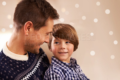 Buy stock photo Christmas, father and happy child in home with bokeh, bonding and family having fun together at festive celebration. Xmas, smile and kid with dad on holiday for love, care and connection at party