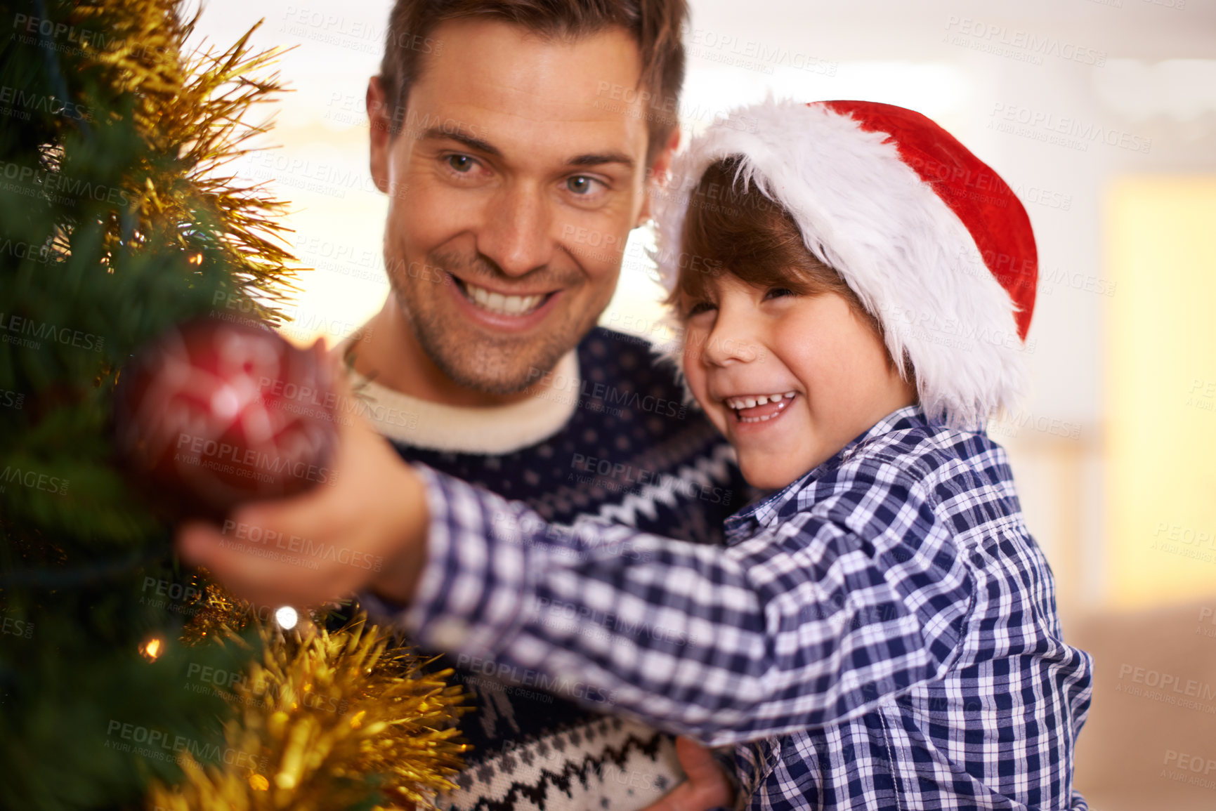 Buy stock photo Tree, decoration and dad with child at Christmas with happiness on holiday or vacation. Festive, event and kid helping father and smile with ornament in home for merry celebration with family