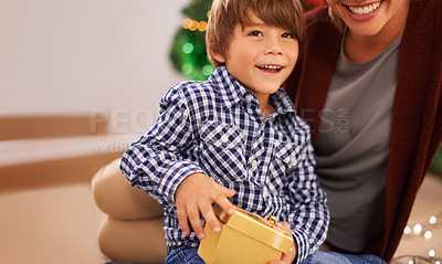 Buy stock photo Child, parent and portrait with Christmas gift for festive season celebration for bonding, giving or holiday. Female person, boy and present box in Canada at tree for vacation, happiness or package