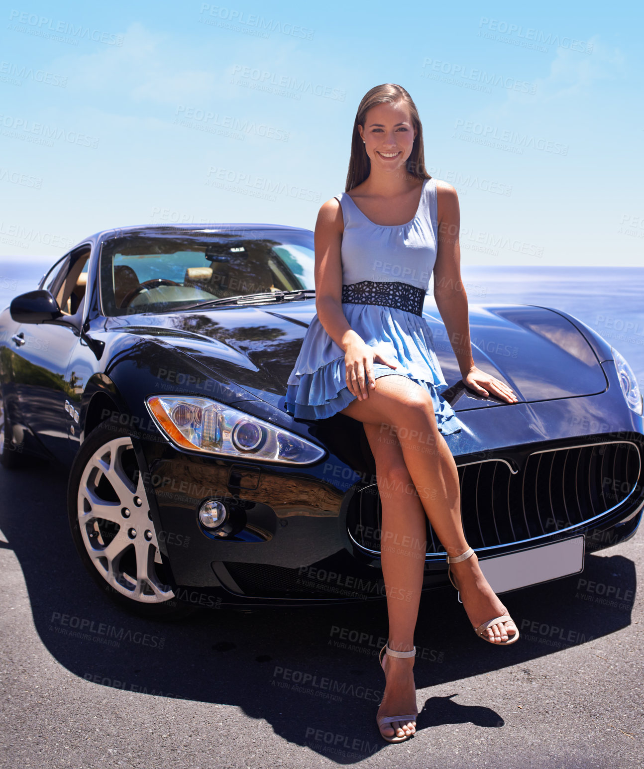 Buy stock photo Portrait, smile and woman on sports car outdoor in summer for road trip, drive or travel. Happy person, transport and luxury motor vehicle for journey, vacation or holiday with automobile in Canada