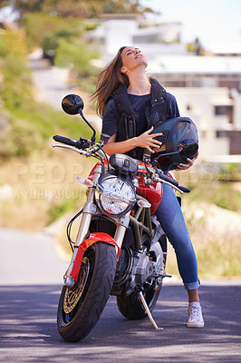 Buy stock photo Woman, motorcycle and relax with helmet in city for ride, road trip or outdoor sightseeing in nature. Extreme female person, biker or rider chilling on motorbike or vehicle for transport or journey