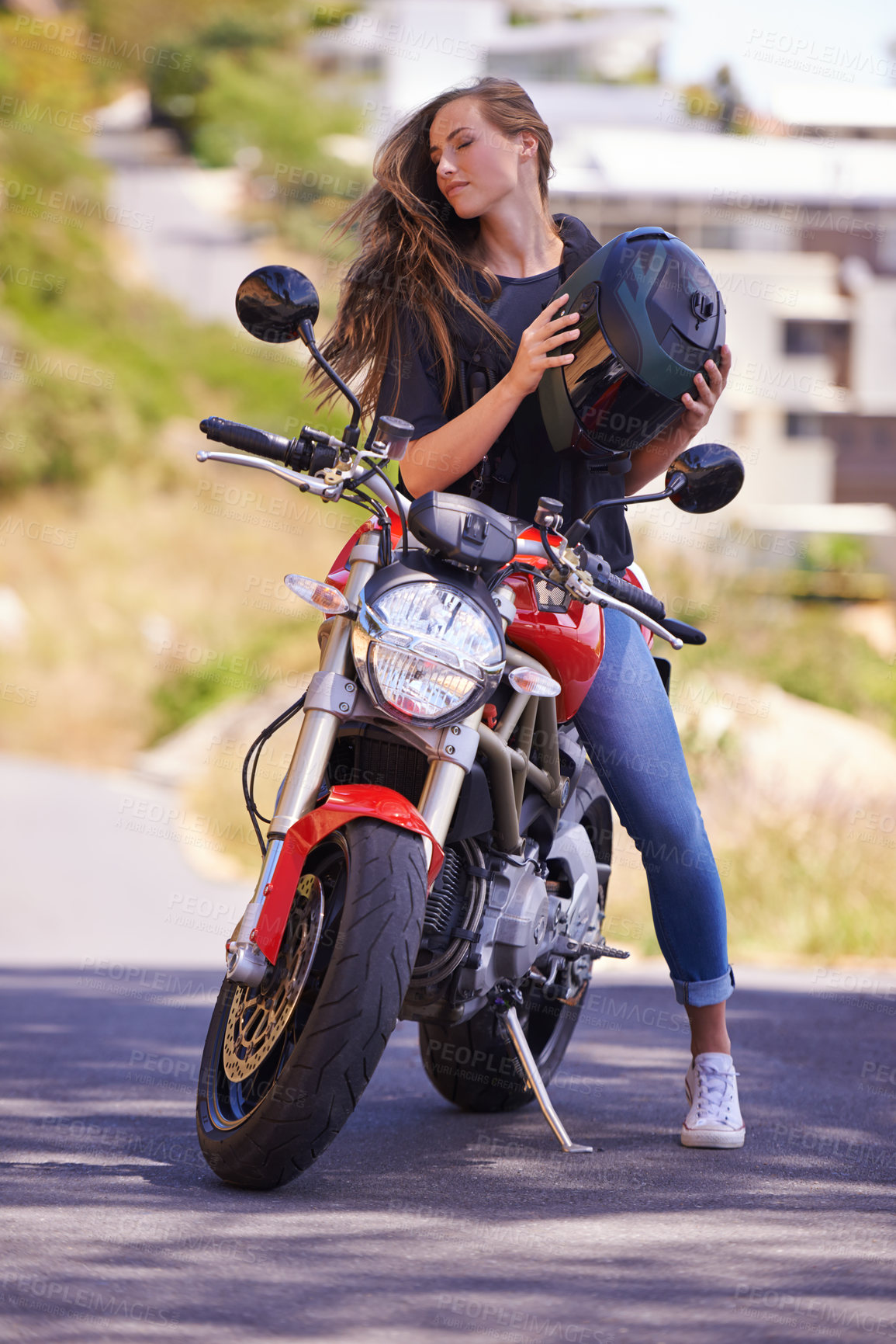 Buy stock photo Woman, motorcycle and relax with helmet on road in city for ride, trip or outdoor sightseeing in nature. Extreme female person, biker or rider sitting on motorbike or vehicle for transport or journey