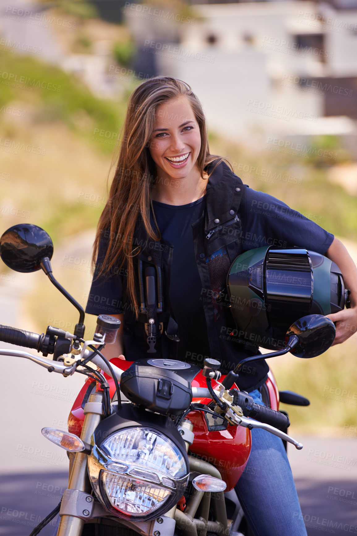 Buy stock photo Portrait, smile and outdoor with woman, motorbike and extreme sports with helmet and safety. Face, person and girl with transport and travel with adventure and journey with rider, joyful or road trip