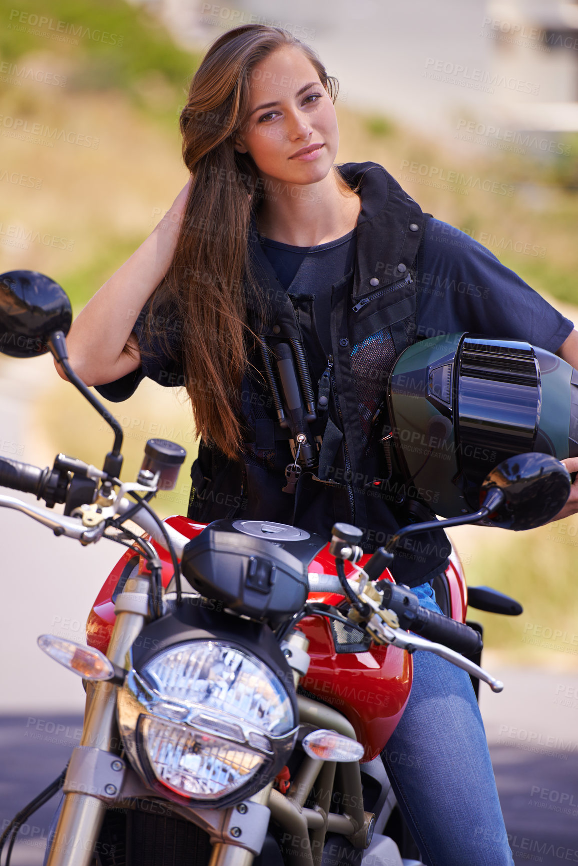 Buy stock photo Happy woman, portrait and biker on motorcycle in city with helmet for road trip, travel or outdoor journey in nature. Female person in confidence for ride, transport or sightseeing in an urban town