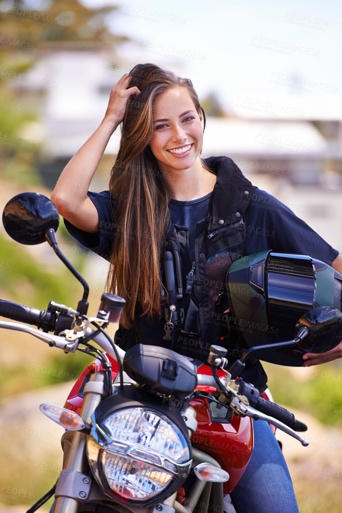 Buy stock photo Portrait, helmet and outdoor with woman, motorbike and extreme sports with adventure and safety. Face, person or girl with transport and travel with road trip and journey with rider, joyful and happy