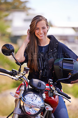 Buy stock photo Portrait, transport and outdoor with woman, motorbike and extreme sports with helmet and safety. Face, person and girl with road trip and travel with adventure and journey with rider, joyful or happy