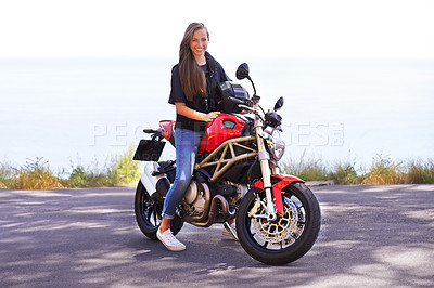 Buy stock photo Happy woman, rider and motorcycle by the ocean for road trip, travel or outdoor holiday in nature. Female person or biker with smile on hot ride or bike with helmet for transport on mockup space