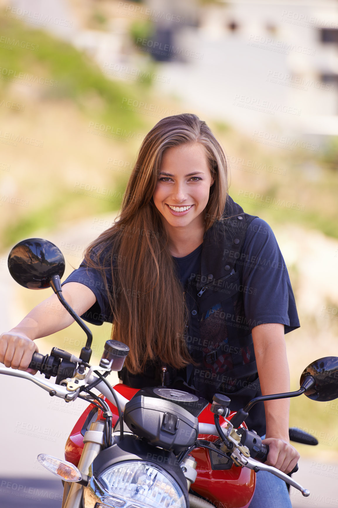 Buy stock photo Happy woman, portrait and motorcycle in city for ride, road trip or outdoor travel in nature. Extreme female person, biker or rider with smile on motorbike or vehicle for transport or sightseeing