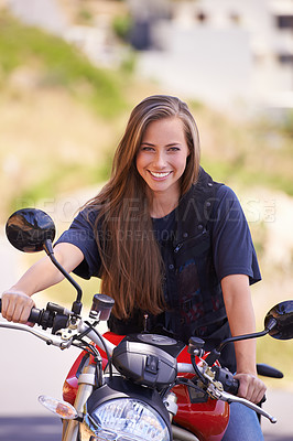 Buy stock photo Portrait, journey and outdoor with woman, motorbike and extreme sports with helmet and safety. Face, person and girl with transport or travel with adventure and rider with freedom joyful or road trip