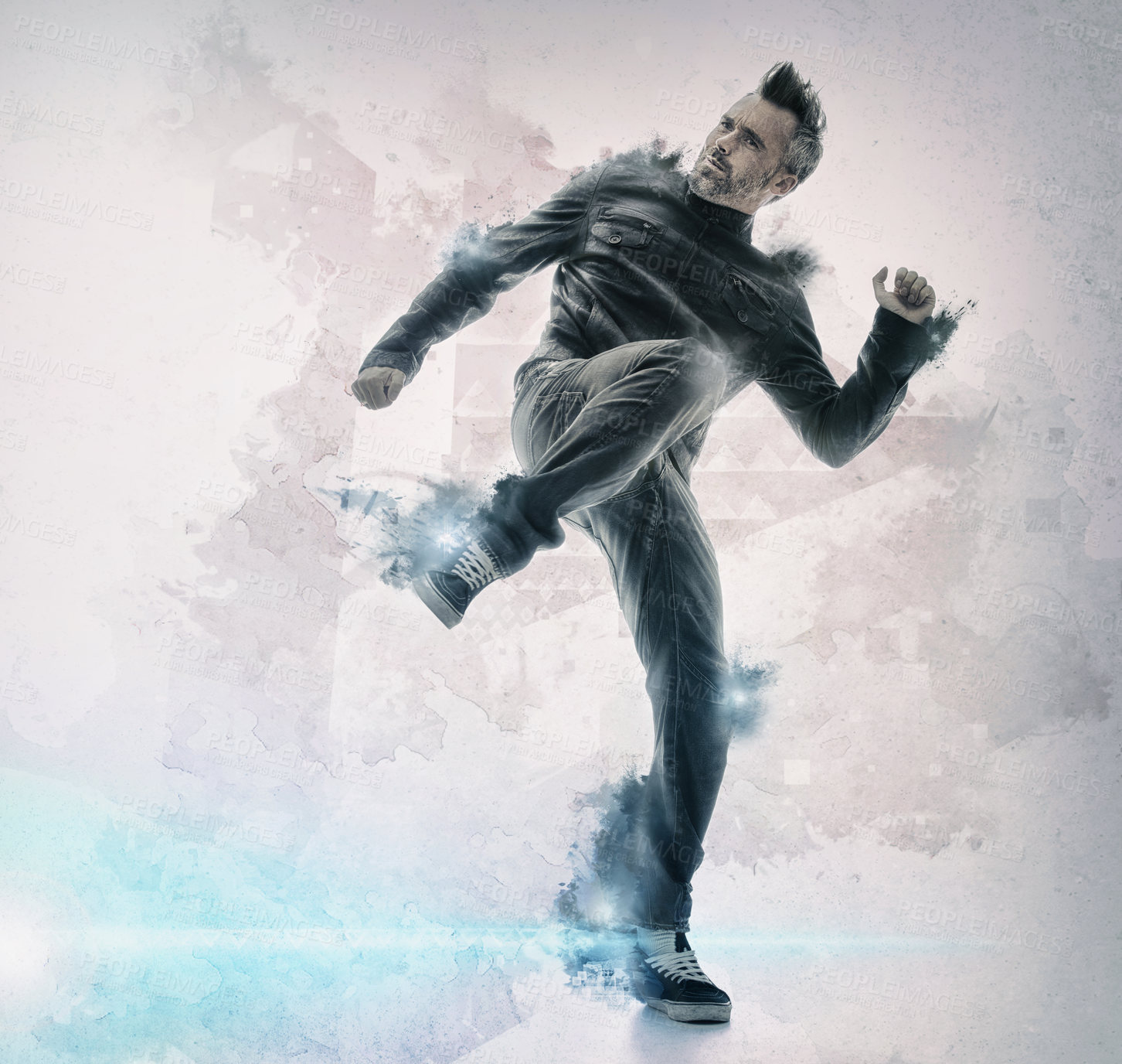 Buy stock photo Fashion, art and man dance in studio for freedom, celebration or expression on mockup space. Creative, funky and male dancer in cool outfit with passion, hip hop or funky aesthetic on wall background