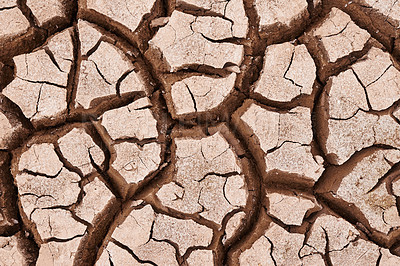 Buy stock photo Erosion, dry and ground with cracks, nature and landscape with environment, dust and soil. Empty, barren and drought with extreme weather and climate change with ecology, earth and natural disaster