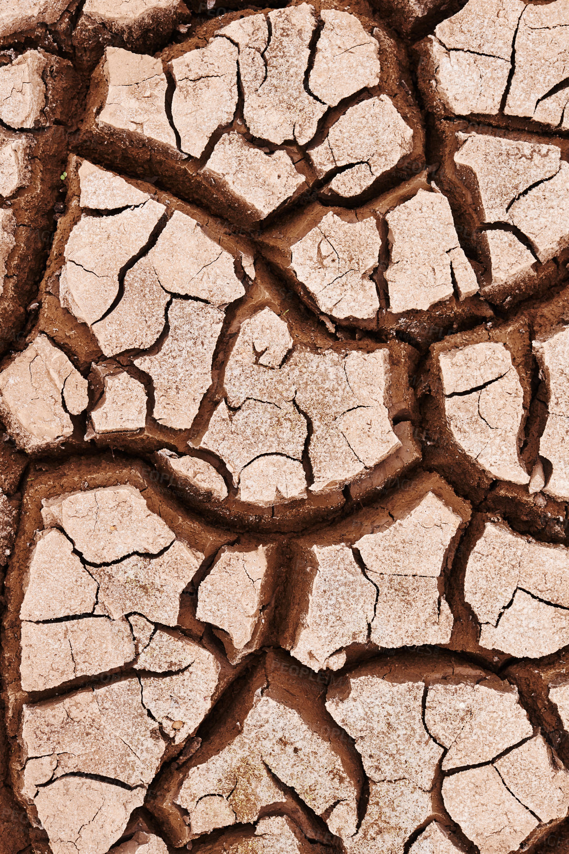Buy stock photo Environment, dry and ground with cracks, nature and landscape with erosion, dust and soil. Empty, barren and drought with extreme weather and climate change with ecology and water shortage from above