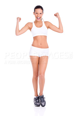 Buy stock photo Woman, fitness and portrait with celebration in studio for workout, athletic and active lifestyle for healthy slim body. Personal trainer, success and strong for fit figure with white background