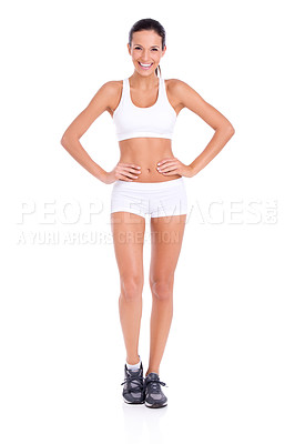 Buy stock photo Studio portrait of a fit young woman in exercise gear isolated on white