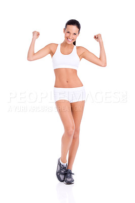 Buy stock photo Woman, celebrate and portrait with sportswear in studio for workout, athletic and active lifestyle for healthy slim body. Happy for victory, muscle and strong for fit figure with white background