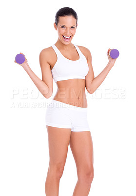 Buy stock photo Portrait, excited woman and dumbbells for workout,  exercise or training in studio isolated on a white background.  Fitness, smile and strong person weight lifting for muscle, wellness or body health