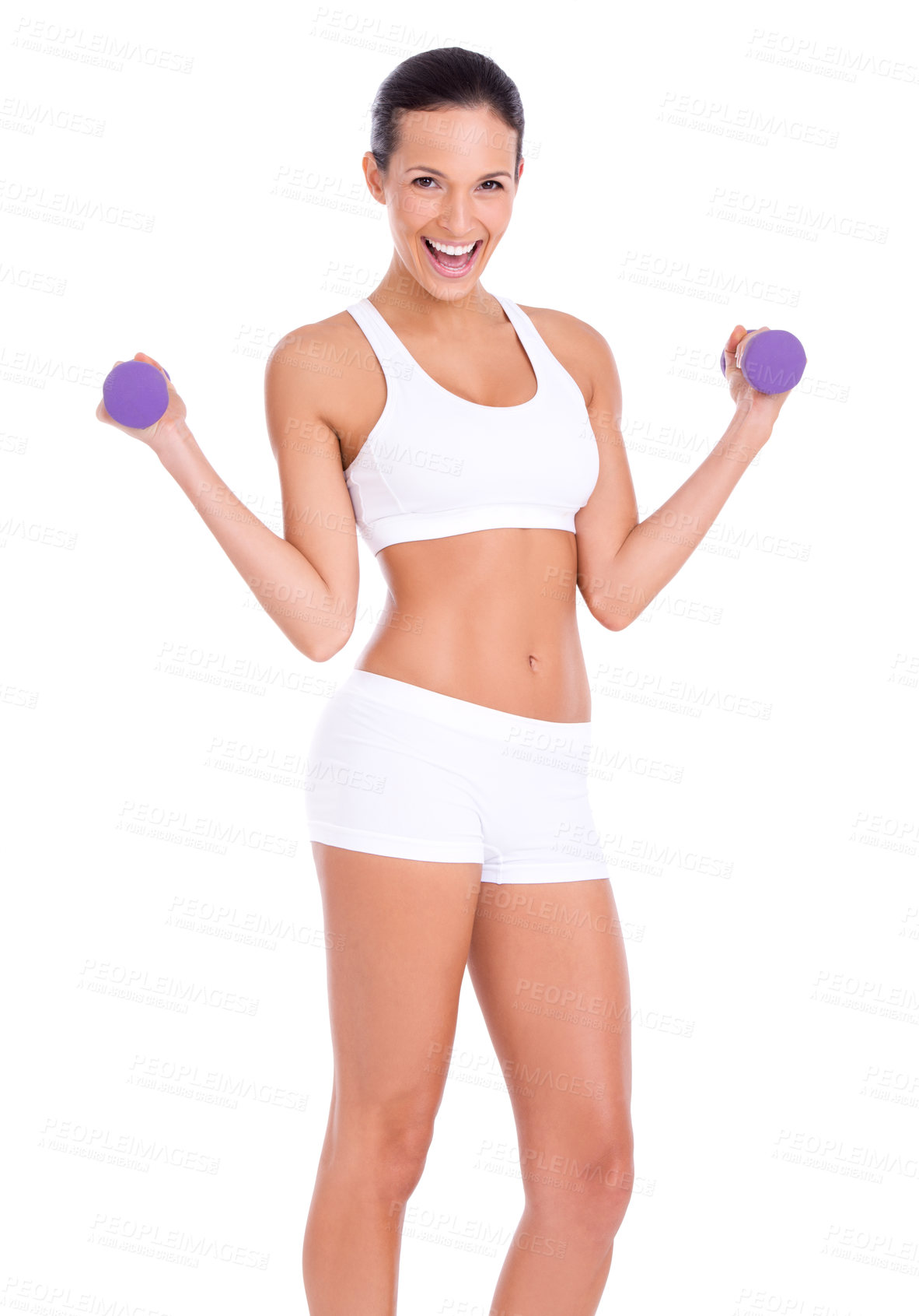 Buy stock photo Portrait, excited woman and dumbbells for workout,  exercise or training in studio isolated on a white background.  Fitness, smile and strong person weight lifting for muscle, wellness or body health
