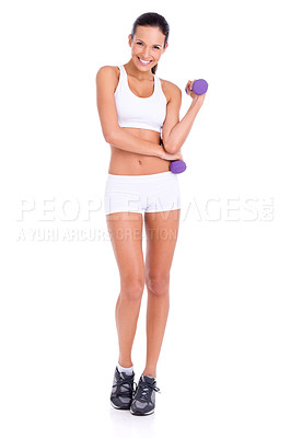 Buy stock photo Portrait, happy woman and dumbbells for workout, fitness or training in studio isolated on a white background mockup. Exercise, strong and person weight lifting for muscle, wellness or body health