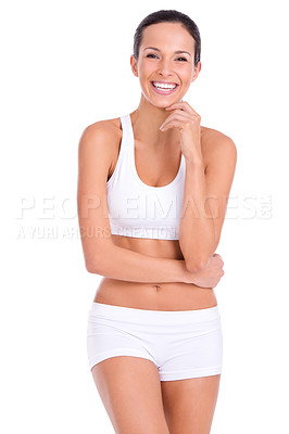 Buy stock photo Studio portrait of an attractive woman in exercise clothing isolated on white