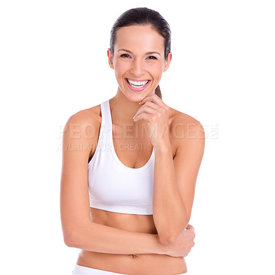 Buy stock photo Health, portrait and woman in underwear for fitness, relax and wellness with smile in studio. Diet, exercise and happy girl in sportswear for self care, weight loss and confidence on white background