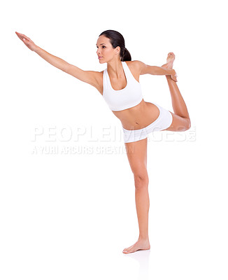 Buy stock photo Body, stretching and woman in underwear for fitness, health and wellness with goals in studio. Warm up, exercise and girl in sportswear for self care, weight loss and confidence on white background.