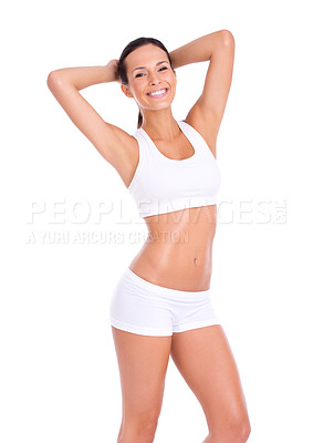 Buy stock photo Body, portrait and woman in underwear for fitness, health and wellness with smile in studio. Diet, exercise and happy girl in sportswear for self care, weight loss and confidence on white background.