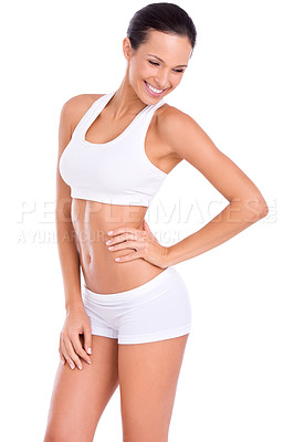 Buy stock photo Body, smile and woman in underwear for fitness, health and wellness with benefits in studio. Diet, exercise and happy girl in sportswear for self care, weight loss and results on white background.