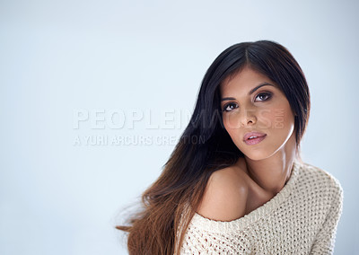 Buy stock photo Cropped shot a beautiful young woman with long brown hair