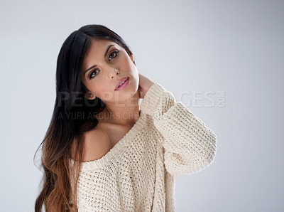 Buy stock photo Woman, fashion and hair, portrait and makeup in studio for winter style salon with treatment and wellness on white background. Cosmetics, trendy jersey or sweater with haircare, volume and growth