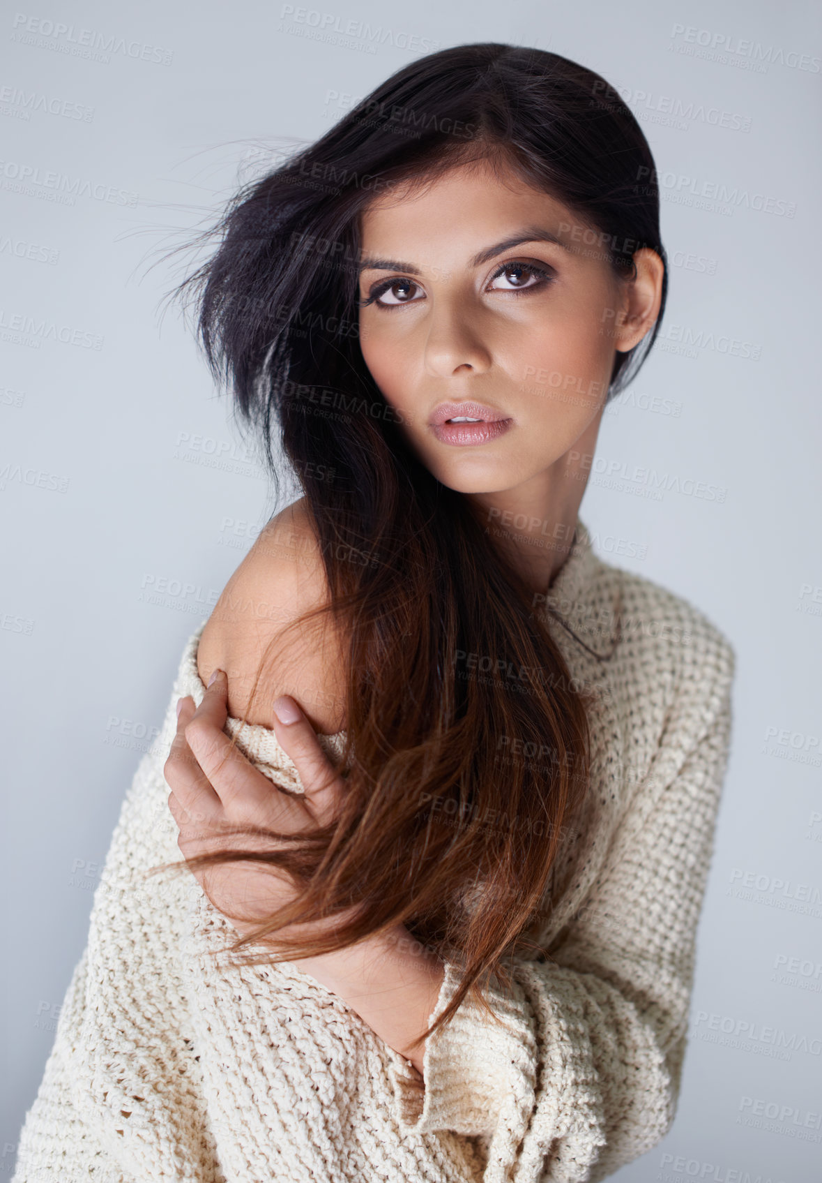 Buy stock photo Cropped shot a beautiful young woman with long brown hair