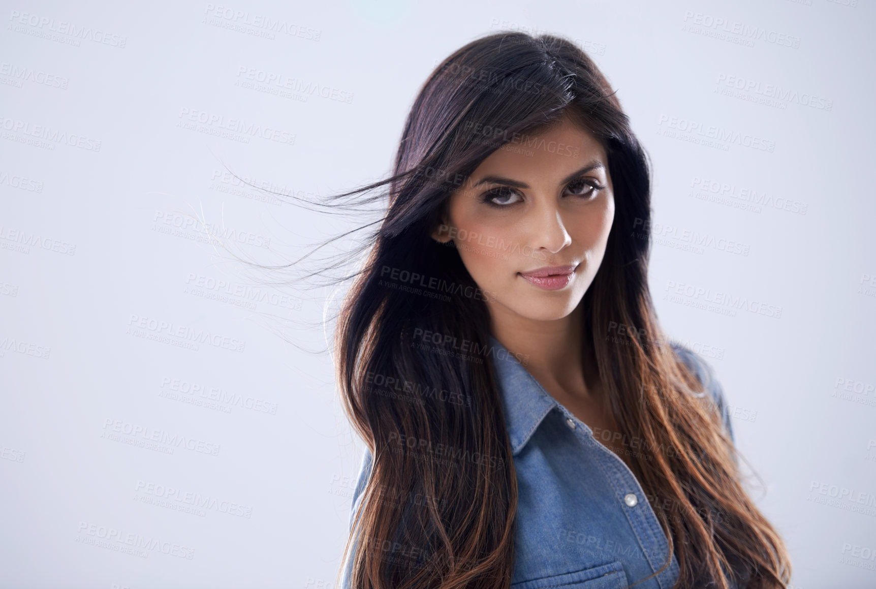 Buy stock photo Woman, portrait and fashion with hair and makeup with denim shirt for style, casual clothes and cosmetics with keratin treatment. Haircare, salon treatment and designer apparel on white background