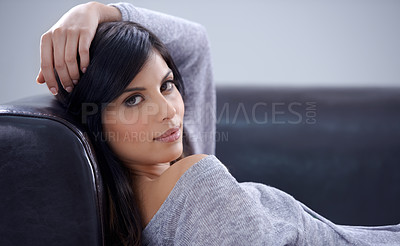 Buy stock photo Hair, woman relax on sofa and portrait for beauty in studio, cosmetology and makeup isolated on white background. Haircare, wellness and cosmetic care, salon or keratin treatment for growth and shine