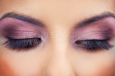 Buy stock photo Closeup, beauty and eyeshadow for cosmetic, lashes and mascara for model and microblading. Woman, glamour and eyes with highlights, makeup and colour with extensions for bold and eyeliner face