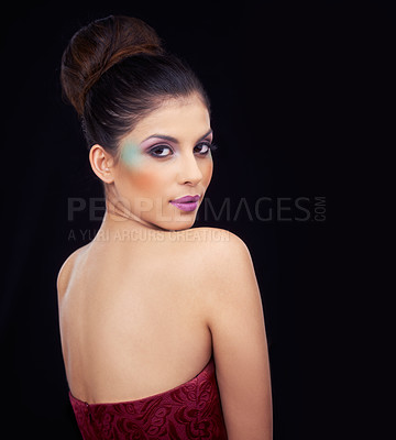 Buy stock photo Head and shoulder shot of a beautiful young woman wearing bold makeup